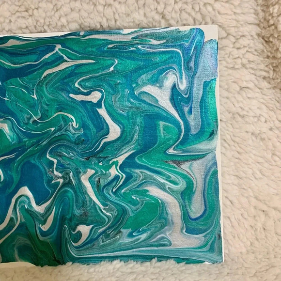 Paint Pour Art - 9x12 Metallic Teal, Green, White, Black and Blue Art - Picture 6 of 7